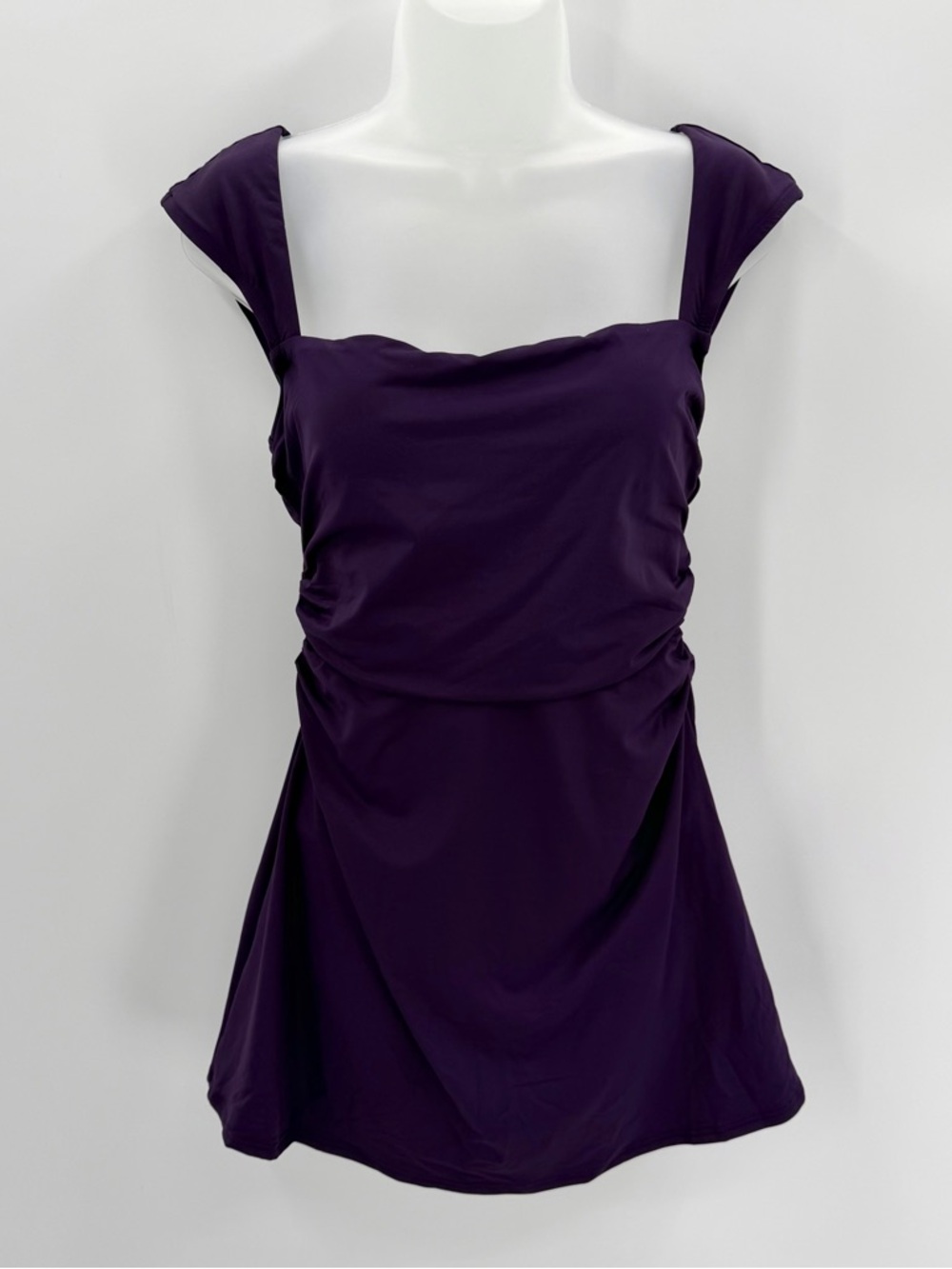 Lands End Swim Dress Women’s 10 Purple 1 Pc Swimsuit Ruched Square Neck Modest